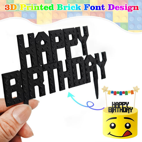 Building Blocks Cake Topper, 3D Print Character Face Design Star Flag Banners Bunting Banner Party Supplies for Boys