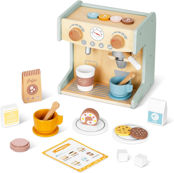 2-in-1 Toy Coffee Maker, Kids Wooden Coffee Maker Playset with 28 Pcs Play Kitchen Accessories for Girls & Boys