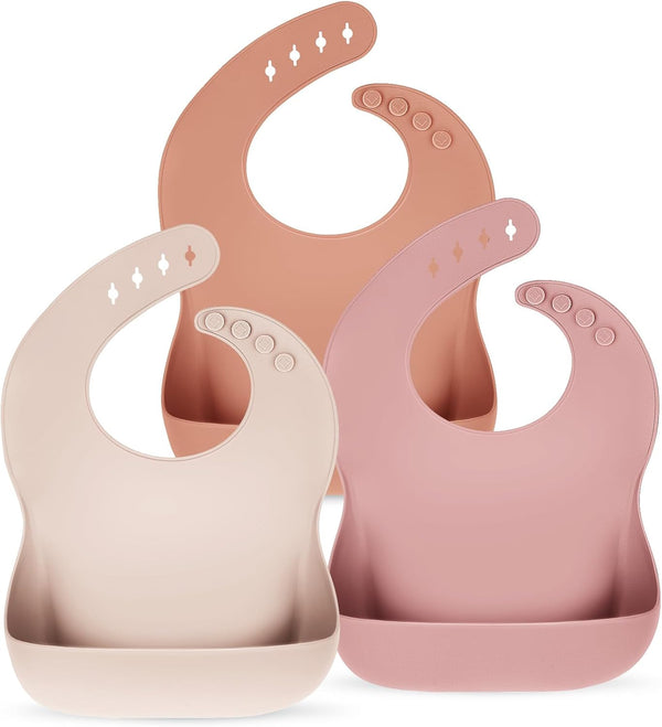 Set of 3 Silicone Bibs for Babies Toddler Girls - Soft Adjustable Waterproof Bibs for Baby Feeding Essentials