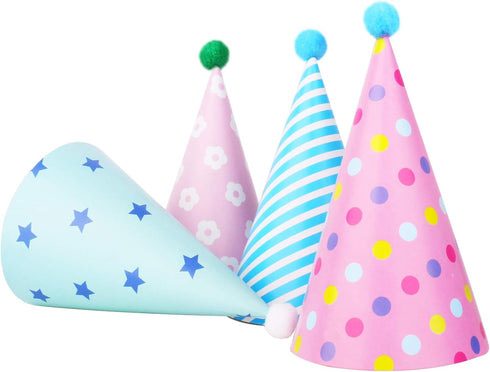 Beurio Party Hats with Pom Poms - Birthday Cone Hats 12 Pack for Kids Adults, Colorful Pastel