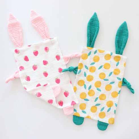 Bunny Security Blanket for Boys and Girls, Cotton Soft Breathable Muslin Soothing Towel, 2 Pcs Set (Strawberry & Orange)