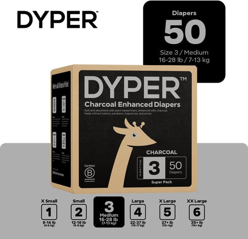 3, 50, Count) DYPER Charcoal Enhanced Diapers | Baby Diapers from Plant-Based* & Honest Materials | Day & Overnight