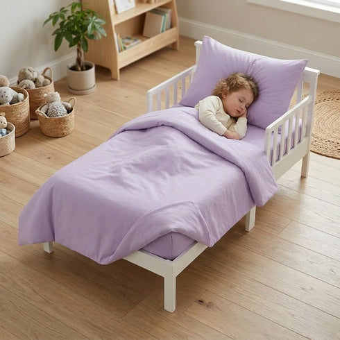 4 Set EVERYDAY KIDS Piece Toddler Bedding - Includes Comforter, Flat Sheet, Fitted Sheet and Pillowcase - Solid Purple