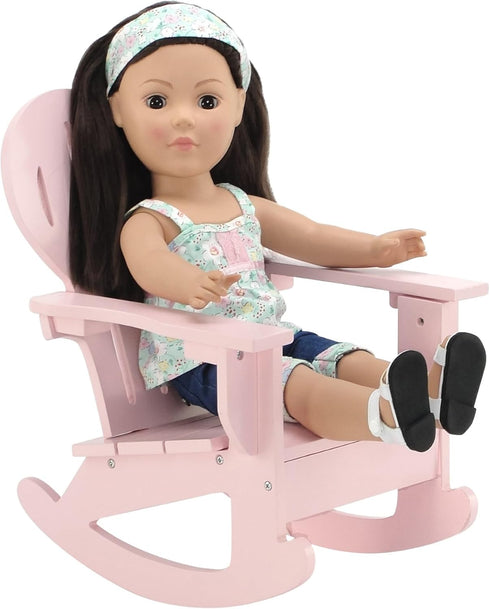 18" Emily Rose Doll Adirondack Rocking Chair - Pink Wooden Heart-Back Design Furniture with Smooth Rocking Motion - USA