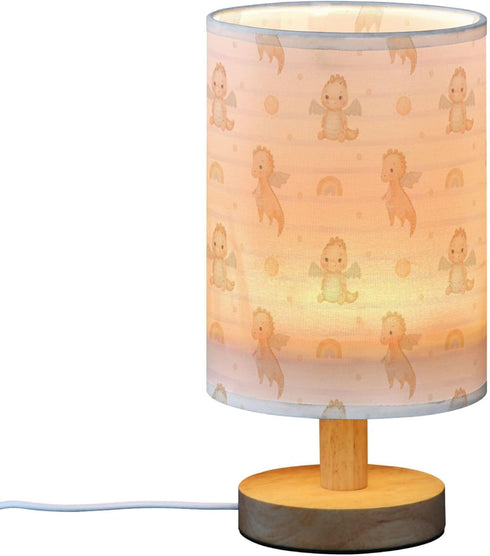 YYZZH Table Lamp Watercolor Baby Dragon Rainbow Striped Pattern Nightstand Lamp with Wood Base Fabric Lamp Shade