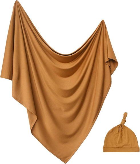 Newborn Swaddle Blanket with Hat Set - Hospital Receiving Blankets for Girls Boys (Copper, 35"*35")