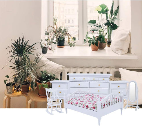 Dolls House Furniture Mini Wooden Queen Bed 6pcs, Miniature Dollhouse Bed 1:12 Cabinet for Doll