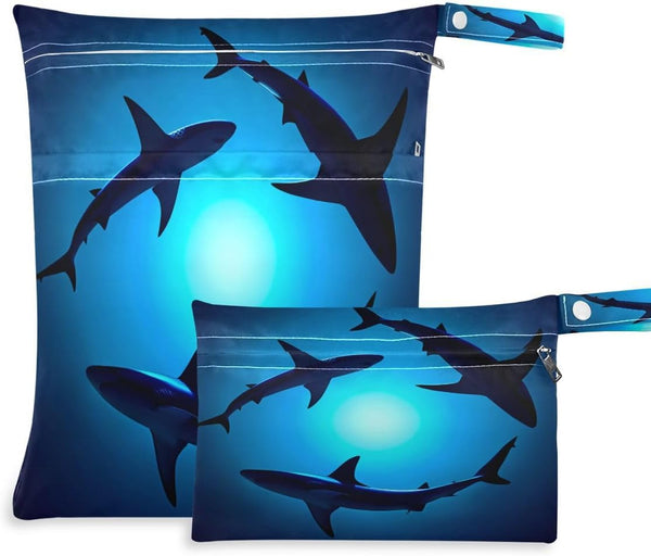 Qilmy 2pcs Sea Shark Wet Dry Bag Waterproof Reusable Baby Cloth Diaper Organizer