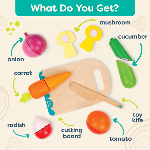 Set 6 2+ B. toys Chop 'n' Play Vegetables Pretend Play Food Wooden Toy Vegetables to Cut Hook and Loop Play Food