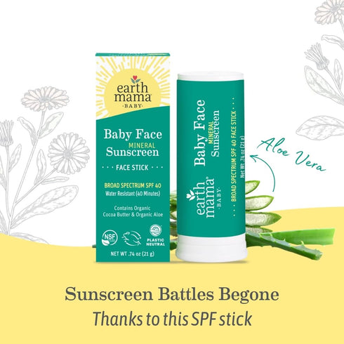 Earth Mama 40 0.74-Ounce, 3-Pack Baby Face Mineral Sunscreen Stick SPF | Non-Nano Zinc, Natural Water Resistant Sun