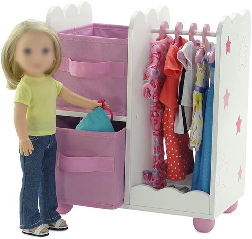 14 Inch Closet 14 Emily Rose Doll Furniture - Open Wardrobe with Hangers & Storage Bins - Wooden Organizer for Wellie