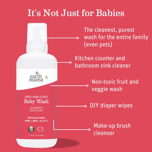 Earth Mama Simply Non-Scents Baby Wash Foaming Hand Soap, Organic All-Purpose Fragrance Free Body Wash, 34floz