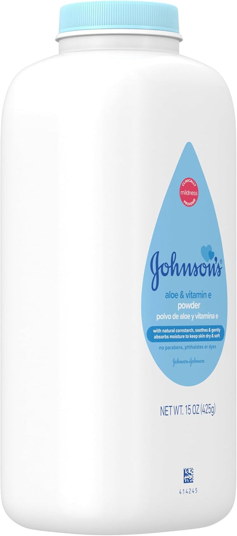 15 oz Johnson's Baby Powder with Naturally Derived Cornstarch, Aloe & Vitamin E for Delicate Skin, Hypoallergenic, Free