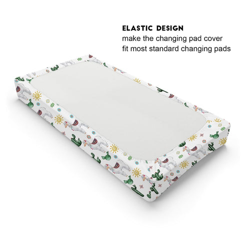 Cute Llama Changing Pad Cover, Funny Cactus Leaves Sun, Soft Breathable Stretch Fitted Sheets for Boys Girls 32''x16''