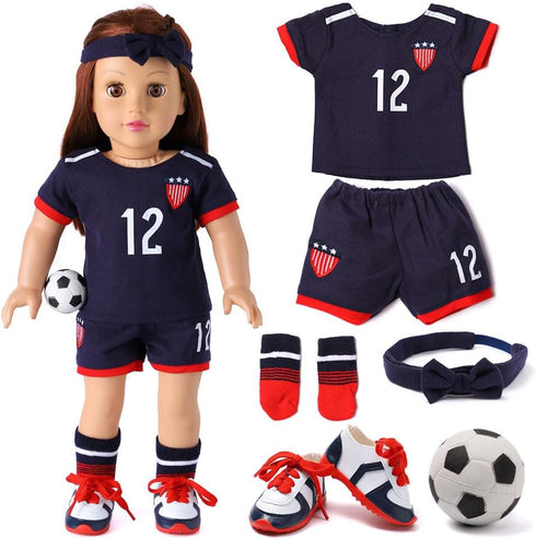 18-inch Girl Doll Clothes Accessories - Team USA 6 Piece Soccer Uniform with Headband, Shirt, Shorts, Socks