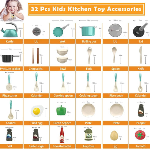 Bruvoalon 32Pcs Kids Play Kitchen Toys Set - Toddlers Pretend Cooking Playset with Pots, Pans, Utensils, Foods
