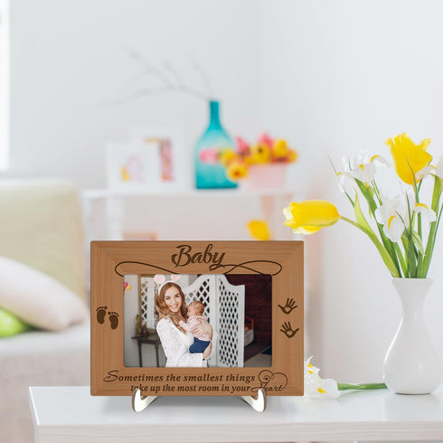 Wood Picture Frame with Wood Stand, Footprint Photo Frame Tabletop Display for Baby, Gift for Pregnant Mom New Dad,