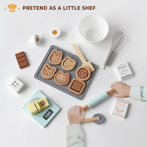 Set, 28 Playset, 3+ PairPear Wooden Cookie & Baking Play Food Kids Pieces Sliceable Cookies, Hand Mixer Toy Kitchen