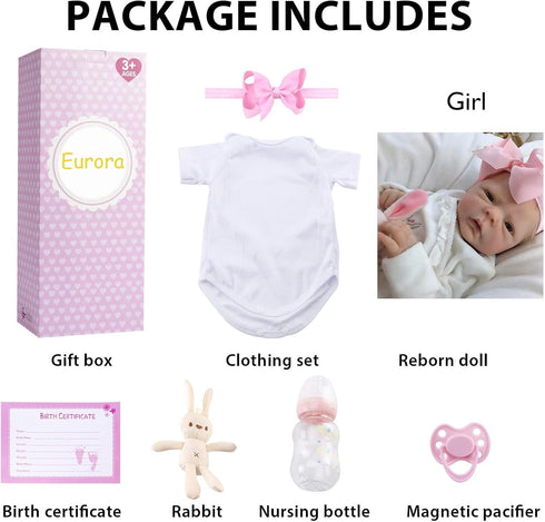 18 Inch 3+ EURORA Reborn Baby Dolls Girl Vinyl Silicone Body, Sweet Girl Reborn Baby Dolls with Clothes and Bottles