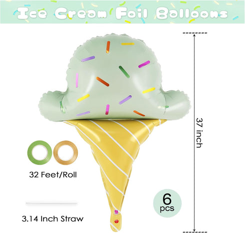 YOTHORN 6 Party,Summer Summer 3) Pcs Ice Cream Balloons, Giant Ice Cream Cone Foil Balloon for Party Decorations