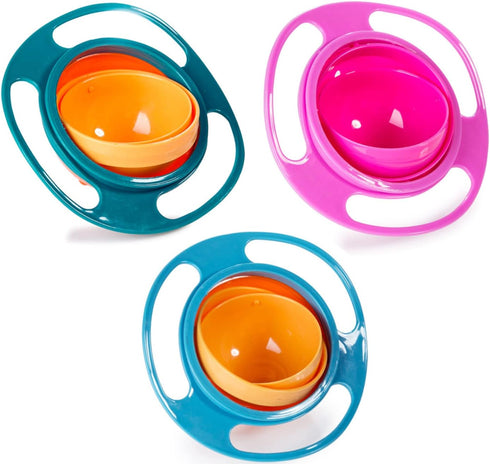 Berry President Magic Bowl, 360 Degree Rotation Spill Resistant Gyro Bowl with Lid for Toddler Kids (Pink+Blue+Green)