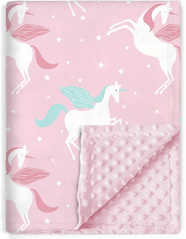 BORITAR Unicorn Baby Blanket, Soft Minky with Double Layer Dotted Backing, 30 x 40 Inch Pink