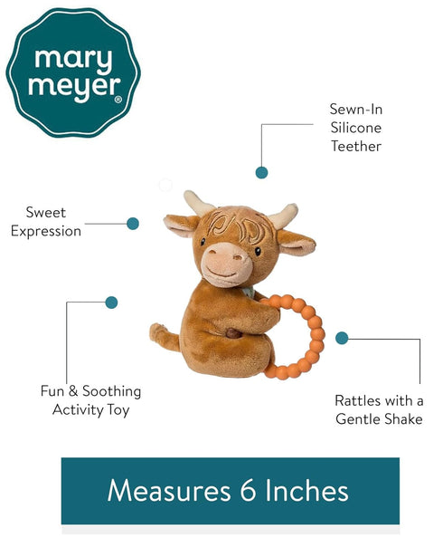 6-Inches, Mary Meyer Soft Baby Rattle with Soothing Teether Ring, Hetty Highland Cow