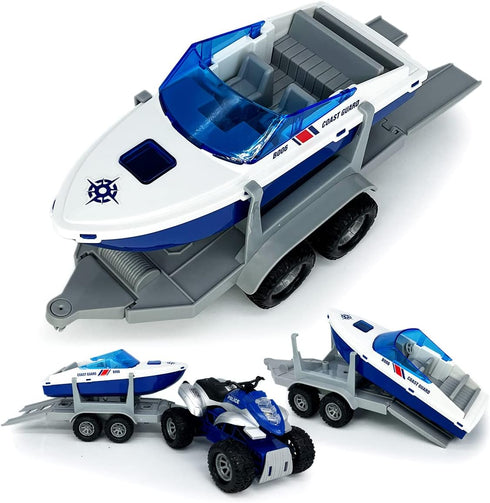 2 1 Playset, 3 4 5 6 7 Large ATV Toy with Trailer Speedboat Tow Truck Flatbed Transport Police Motorcycle Toy Vehicle