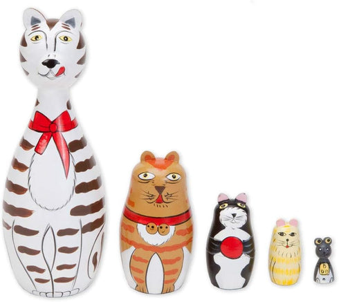 Bits and Pieces Hand Painted Wooden Nesting Dolls - "Cleo & Friends" Matryoshka Set of 5 Dolls, 7" Tall with Gift Box
