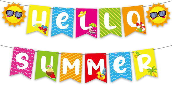 Hello Summer Banner, No DIY Summer Party Decorations, Tropical Party Supplies for Birthday Beach Pool Decorations