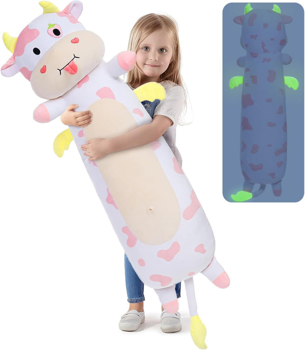 MorisMos 43'' Long Giant Cow Body Pillow, Pink Glow in The Dark Plush Strawberry Cow Pillow for Girlfriend Gift