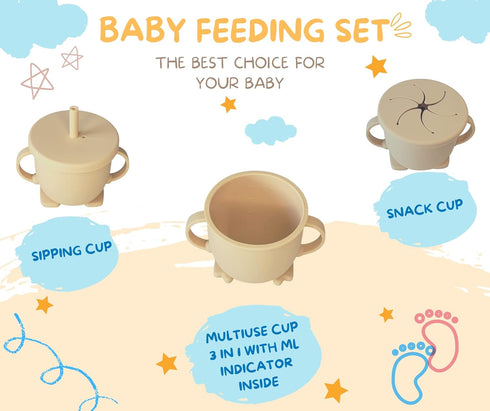 Baby Silicone Feeding Set - 8 in 1 First Stage Toddler Utensils with Bib, Sippy Cup, Suction Bowl, Fork & Spoon Sets