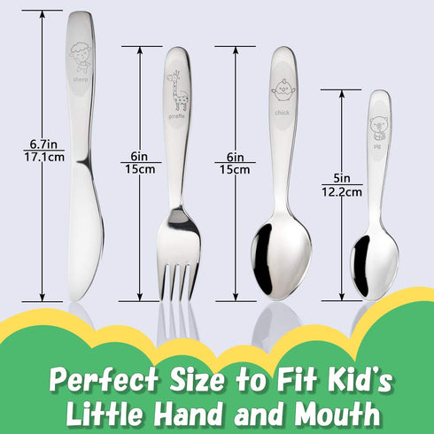 Kids Silverware Set - Toddler Utensils 18/8 Stainless Steel, 4PCS Fork, Spoon & Knife Cutlery for Age 3+
