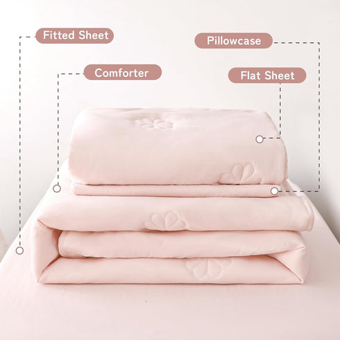 Sets 4 Pink Toddler Bedding for Girls, Pieces Soft Microfiber Floral Embroidery Toddler Bed-in-a-Bag Includes Soft