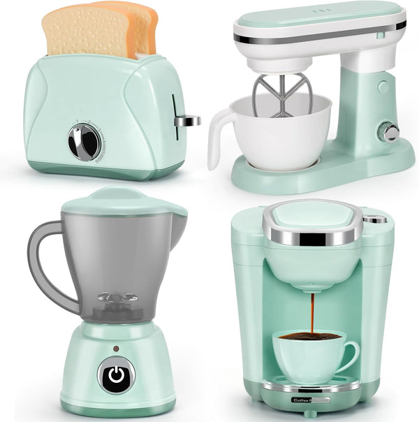 Pretend Play Kitchen Appliances Toy Set with Coffee Maker, Mixer, Toaster, Blender, and Accessories for Kids