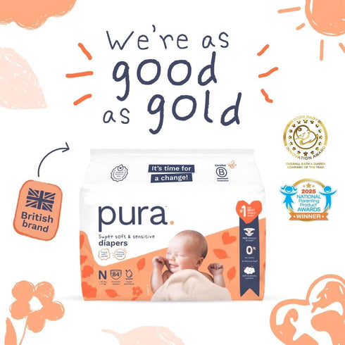 10 lbs), 28 Count, Pura Newborn Baby Diapers - Size N (Up to Cloud Soft Disposable Diapers for Sensitive Skin, Totally