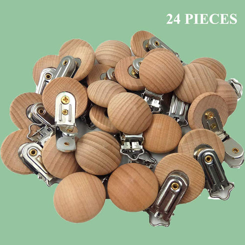 24 Pieces Natural Beech Wood Pacifier Clips - Teething Grasping Toy Holder Accessories