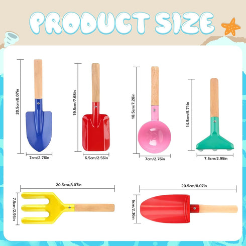 MEIDAYAI 6 Set, 8'' Set, 3-8 Beach Toys, Pcs Kids Gardening Kid Metal Sand Toys Sandbox Toys with Sturdy Wooden Handle