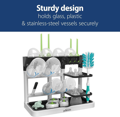 Set, 3-Pack, Dr. Brown's Drying Tower, Stand-Up Rack with Reusable Sponge Baby Bottle Cleaning Brush Blue