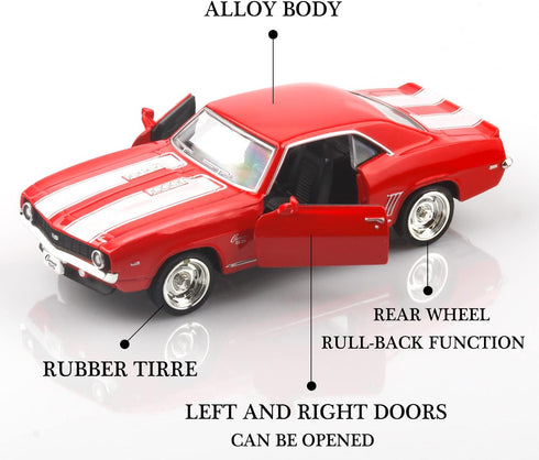 1/36 Scale Diecast Cars - 1969 Camaro SS Models, Pull Back Vehicles Toy Cars for Boys and Girls (Red)