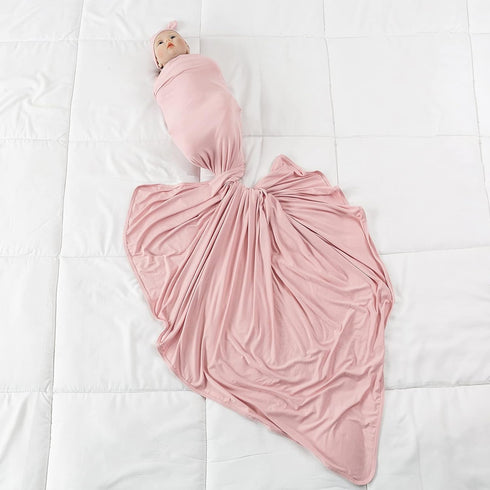 Bayceen Large Jersey Knitted Swaddle Blanket for Baby, Soft Stretchy Receiving Blanket with Hat, 47 x 47 Inches (Rose)