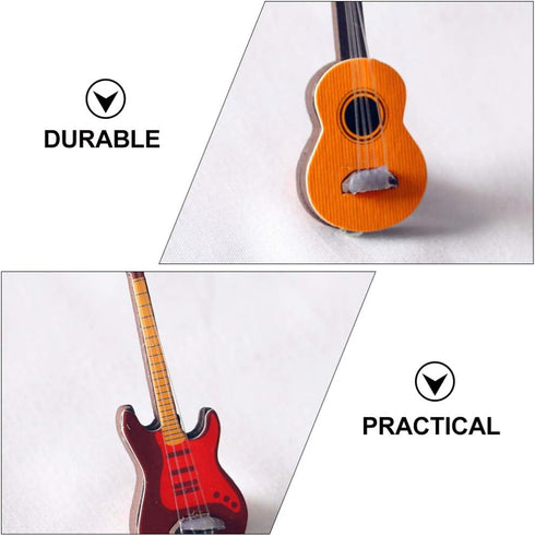 Toyvian 2Pcs Miniature Guitar Dollhouse Musical Instrument, Wood Bass Guitar Model Ornament