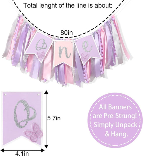Agvgaza 1st Pink & Purple Butterfly Highchair Banner for Girls - Spring Butterfly One Party Decor & Cake Smash Photo