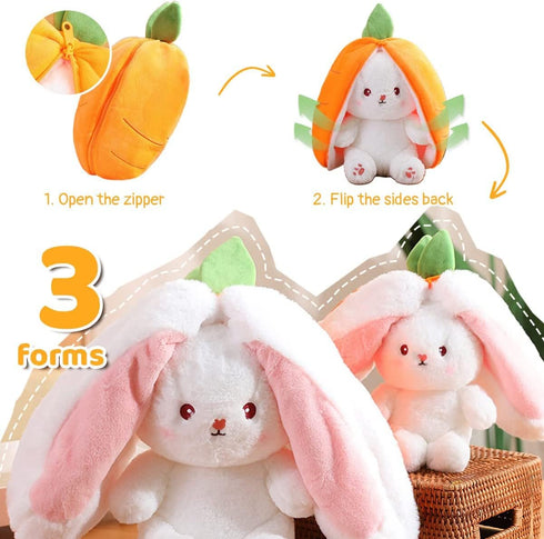 MIAODAM Cuddly Bunny Stuffed Animal, Kawaii Squishy Cute Easter Bunny Plush Turn Into Rabbit Fruit Doll Carrot Strawberry Pillow, Plushies Funny Bunny Toy for Baby (Carrot Rabbit, 10inch)