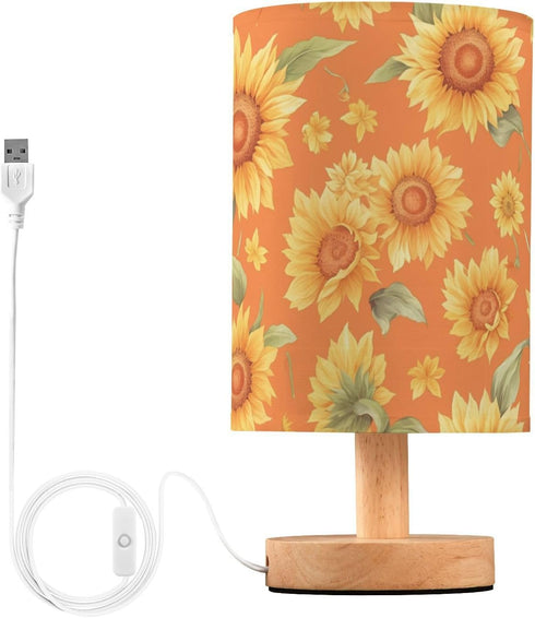 Vdsrup Table Lamp Sunflowers Orange Nightstand lamp Fabric Lamps with Wood Base Fabric
