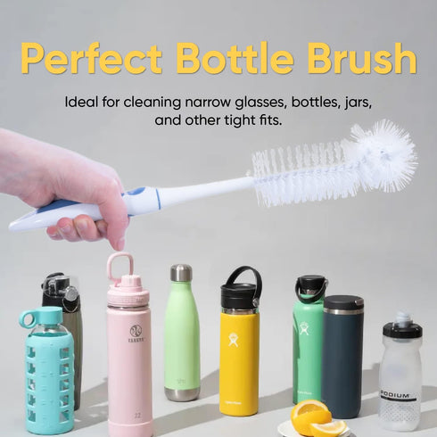 Superio Long Bottle Brush Scrubber, Blue and White Baby Bottle Brush with Rubber Grip Handle