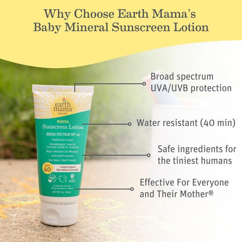 Earth Mama 40 3-Ounce (2-Pack) Baby Mineral Sunscreen Lotion SPF | Non-Nano Zinc, Natural Water Resistant Sun Cream