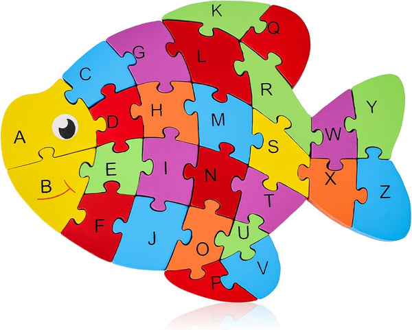 LovesTown Goldfish Wooden Puzzle - 26PCS Jigsaw Puzzle Alphabet and Number Building Blocks for Kids
