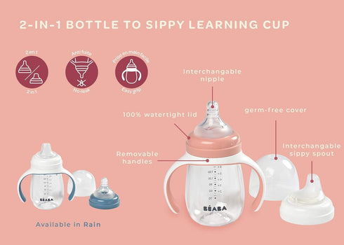 2-in-1 7 oz BEABA Baby Bottle to Transition Sippy Cup, No Spill Sippy Cup, Includes Removable Handles, Silicone Baby