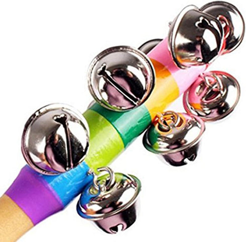 2 Pack Vivid Color Rainbow Handle Wooden Bells, Jingle Stick Shaker Rattle, 10 Jingle Bells Musical Toys